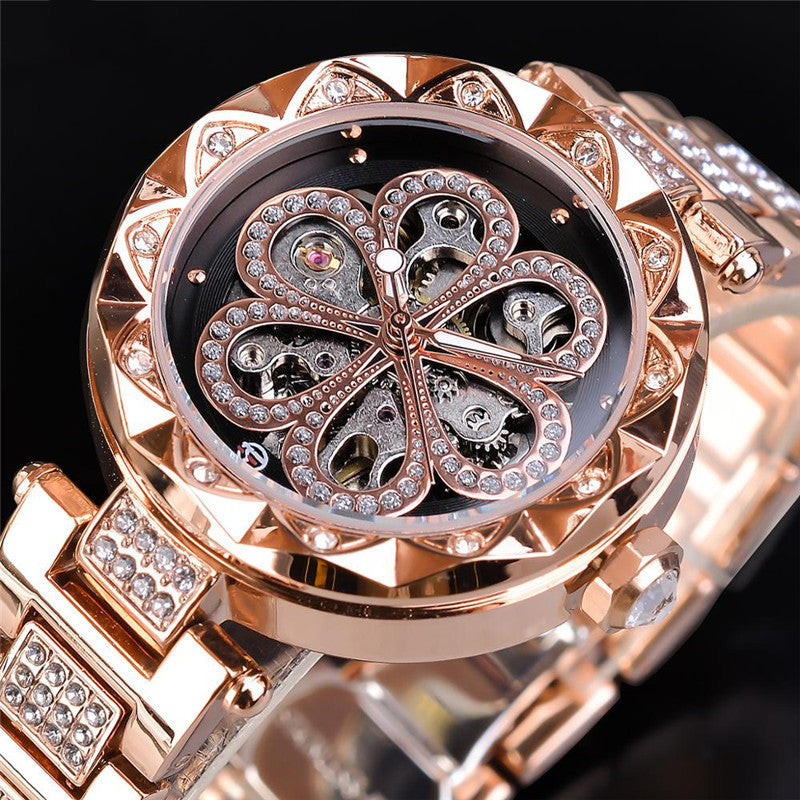 Forsining Mechanical Automatic Ladies Watches Top Brand Luxury Rhinestone Female Wrist Watches Rose Gold Stainless Steel Clock UK Watch Store