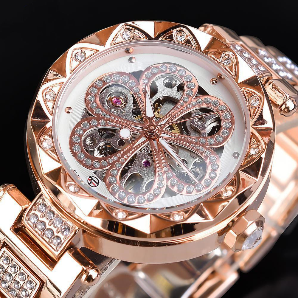 Forsining Mechanical Automatic Ladies Watches Top Brand Luxury Rhinestone Female Wrist Watches Rose Gold Stainless Steel Clock UK Watch Store