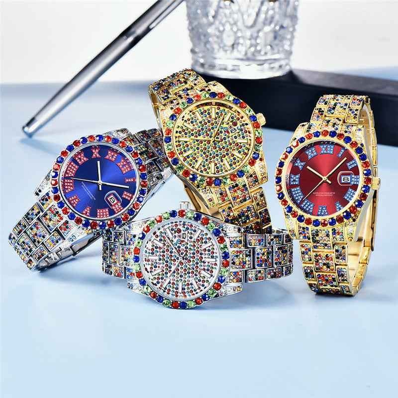Hip Hop Men Fashion Colour Full Diamond Date Quartz Watches