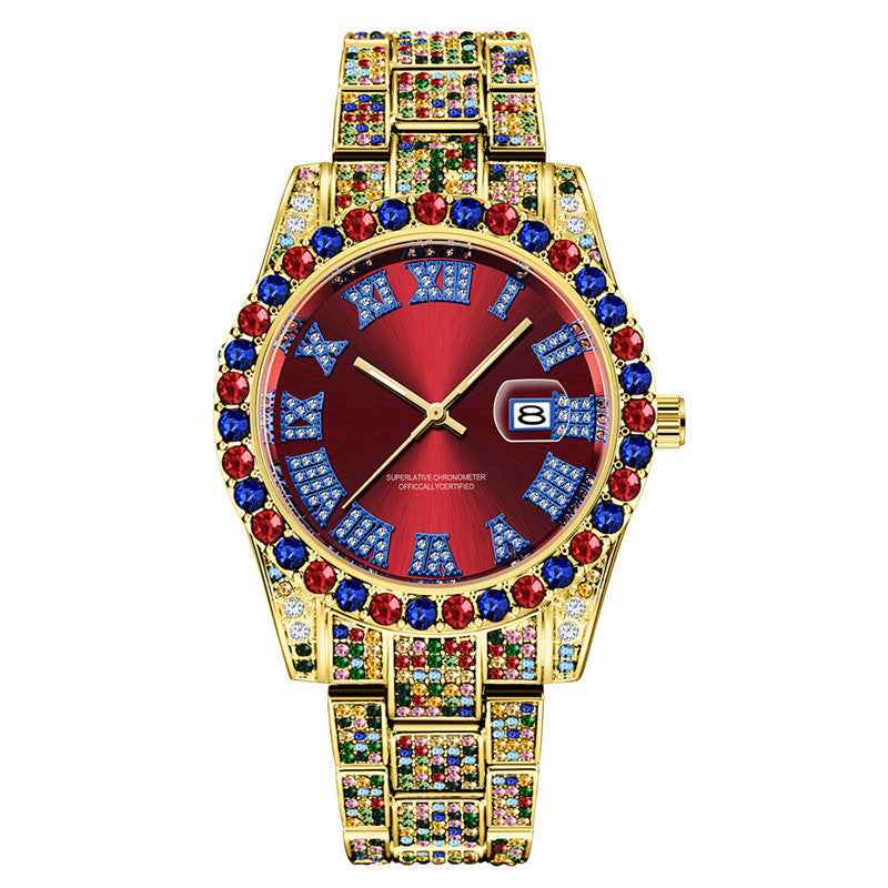 Hip Hop Men Fashion Colour Full Diamond Date Quartz Watches